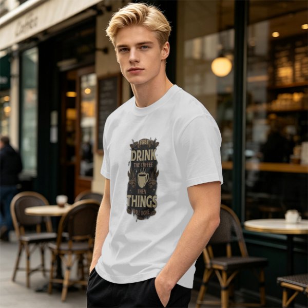 Olive green coffee graphic t-shirt with 'First drink the coffee then things will done' text