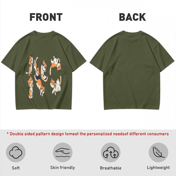 Olive T-Shirt With Playful Orange Kitten Illustrations