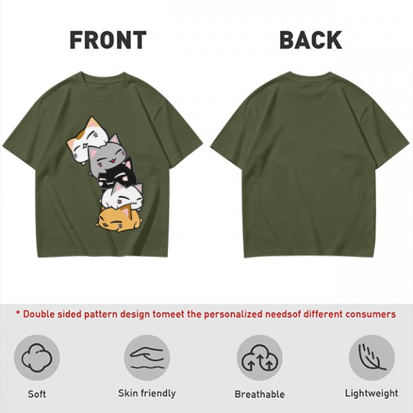 Olive T-Shirt With Stacked Cute Chibi Cats Graphic