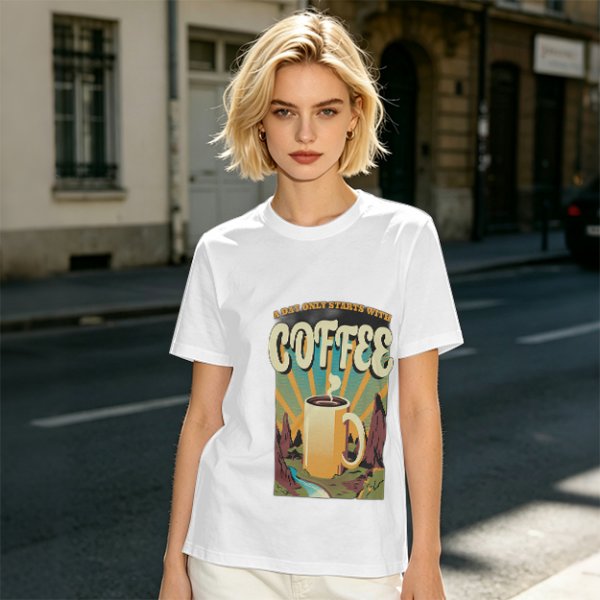 Olive Graphic T-Shirt With Coffee And Mountain Sunrise Design