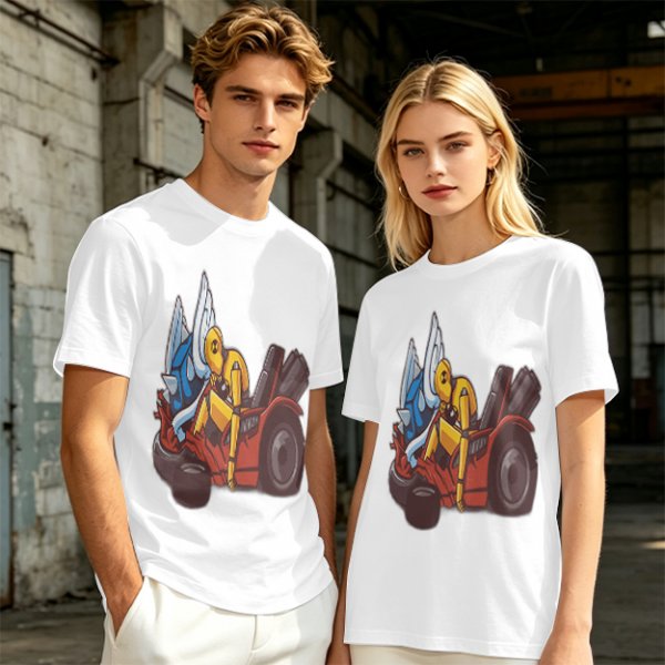 Olive T-Shirt With Cartoon Robot And Winged Vehicle Graphic