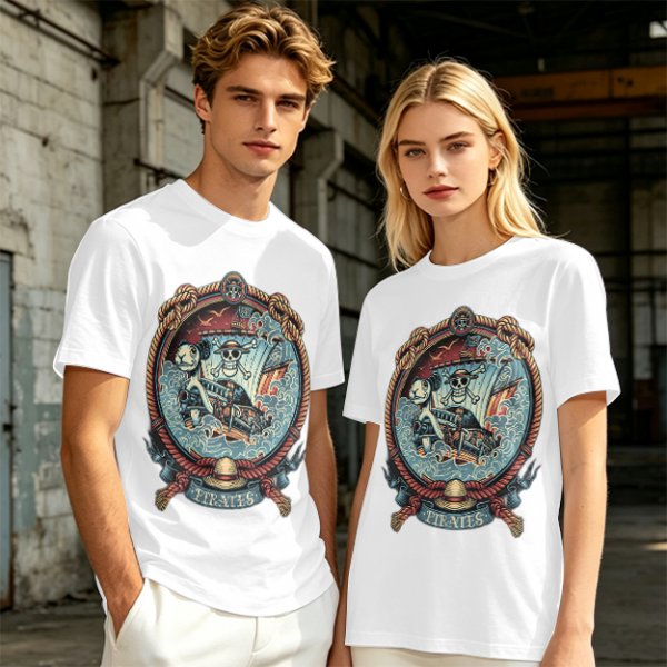 Olive Green Pirate Themed T-Shirt with Ship and Skull Graphic