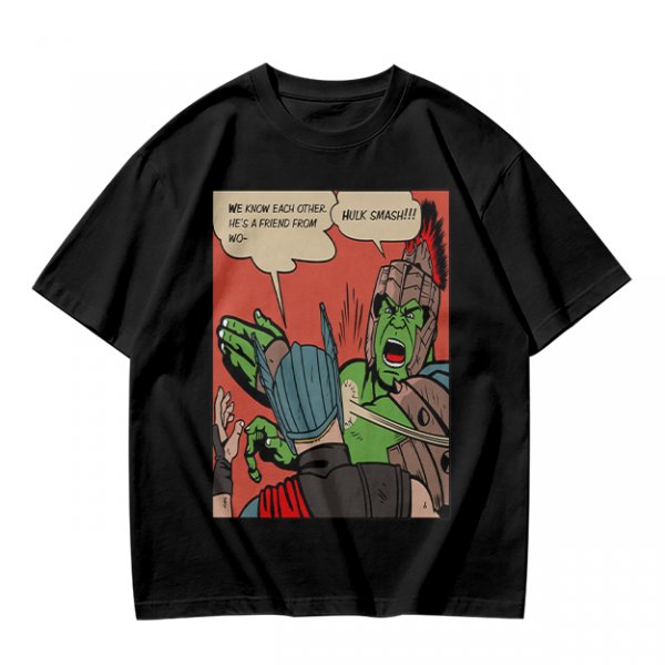 Olive t-shirt with comic print of Hulk and Thor mid-smashed interaction