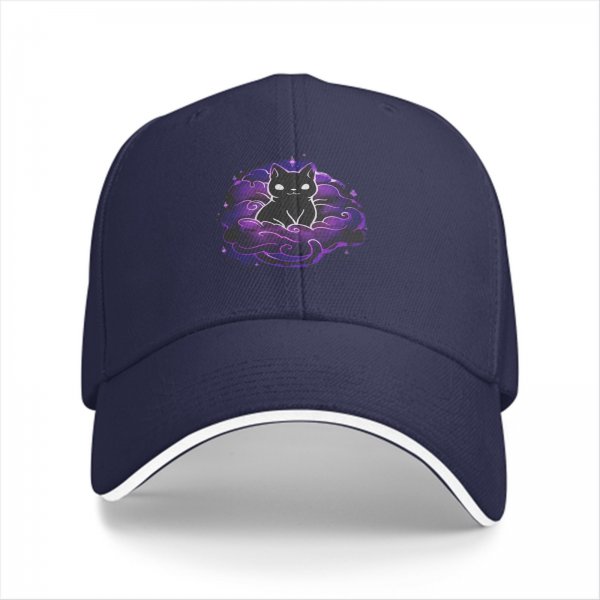 Black Baseball Cap With Purple Galaxy Cloud And Black Cat Print