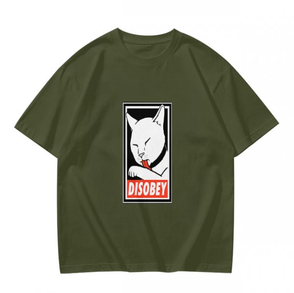 Olive T-shirt with Disobey Cat Grooming Graphic Print