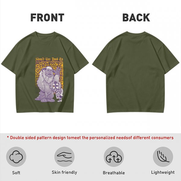 Olive graphic tee with maze and fantasy creatures reading Should You Need Us