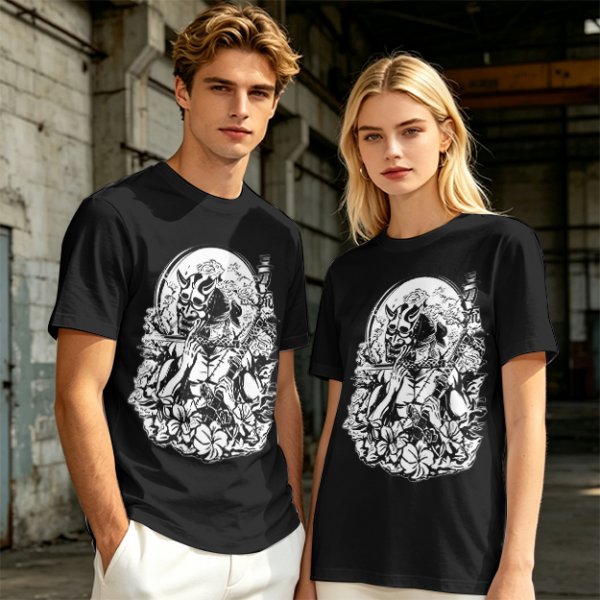 Oni Mask Samurai Floral Graphic Olive T-Shirt