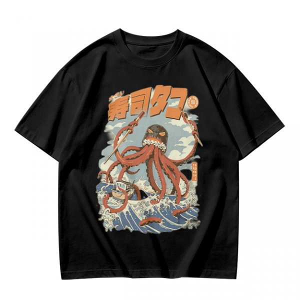 Olive t-shirt with Japanese octopus sushi warrior wave graphic