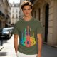 Olive T-Shirt With Colorful Cat Guitar Illustration