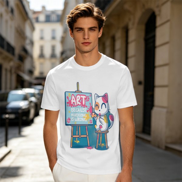 Olive T-Shirt With Cute Artist Cat Art Because Murder Is Wrong Print