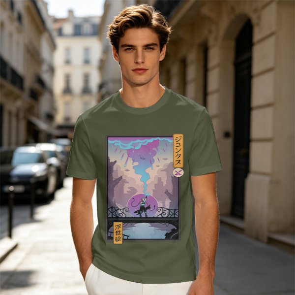 Olive T-shirt with Cyberpunk City Bridge Character Art Print
