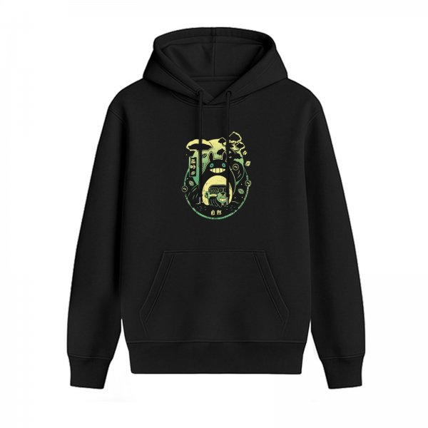 Black hoodie with whimsical forest spirit graphic print