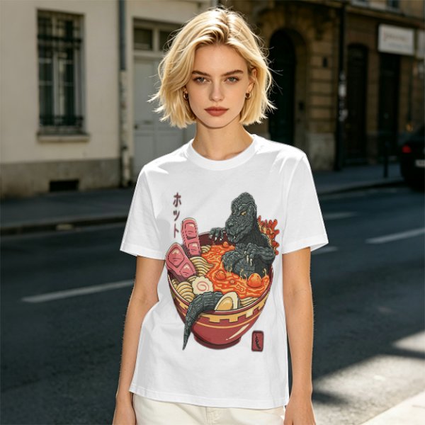 Godzilla in spicy ramen bowl graphic tee