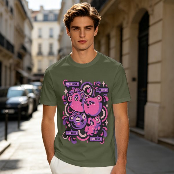 Olive T-shirt with playful bear-fruit graphic print