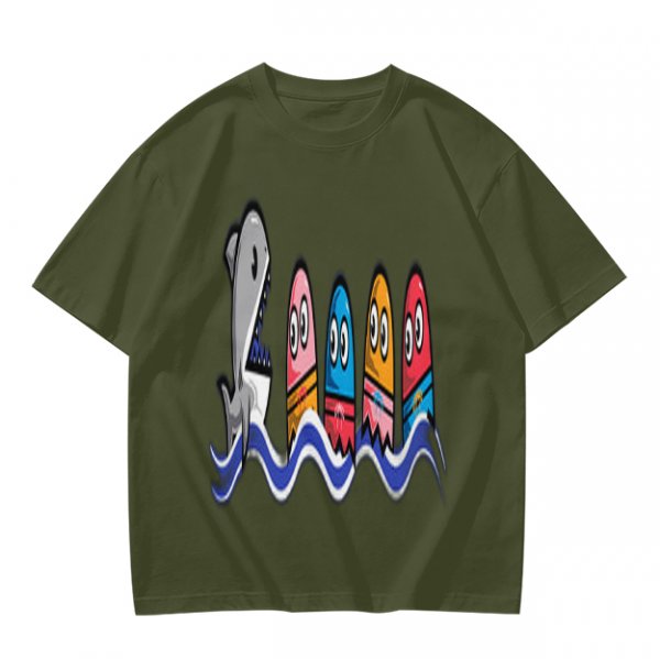 Olive T-Shirt With Shark And Colorful Ghost Creatures Print
