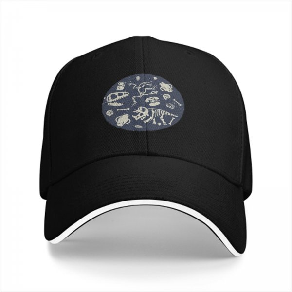 Black Baseball Cap With Dinosaur Fossil Archaeological Print