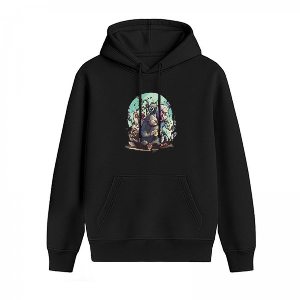 Black Hoodie With Whimsical Fantasy Creature Graphic Print