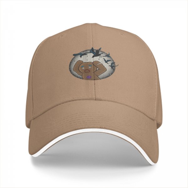 Black baseball cap with distressed crying gingerbread man and crows graphic