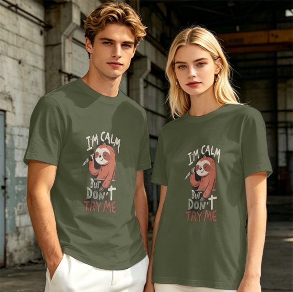 Olive graphic t-shirt with sloth holding knife and 'I'm calm but don't try me' text