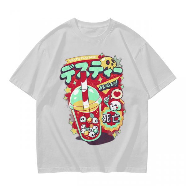 Olive t-shirt with spooky skull bubble tea graphic and Japanese text