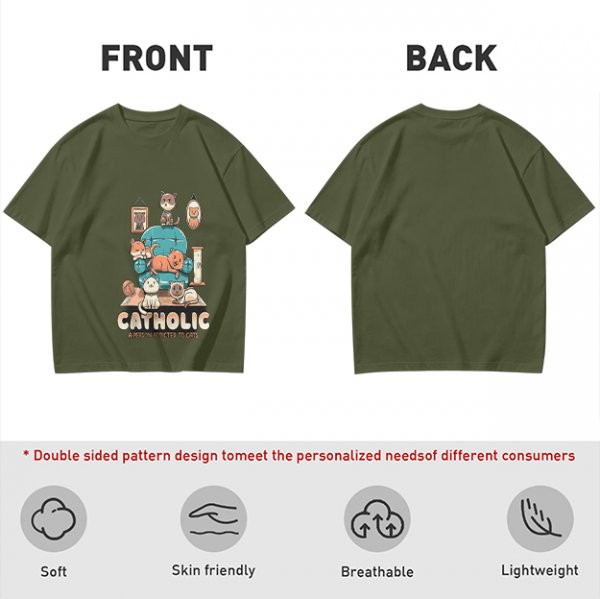 Olive T-Shirt With Funny Cat Graphic 'Catholic' Print