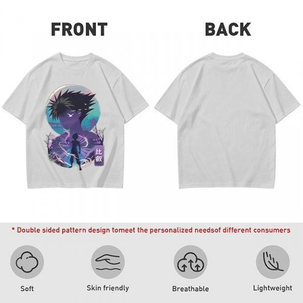 Anime character silhouette graphic tee with stylized purple and blue art