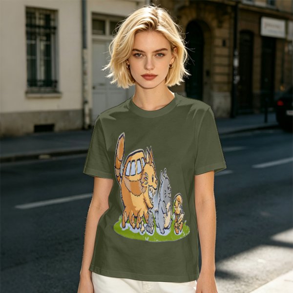 Olive T-Shirt With Whimsical Forest Creature Artwork Print