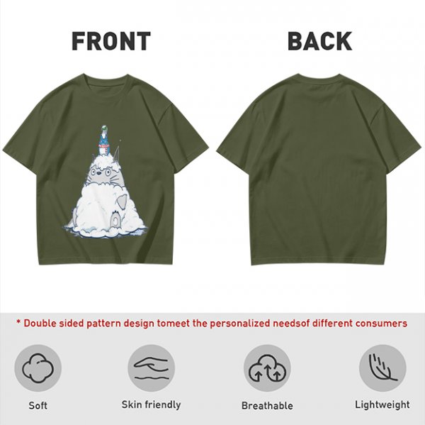 Olive T-shirt with Totoro in Snow and Small Blue Creature Print