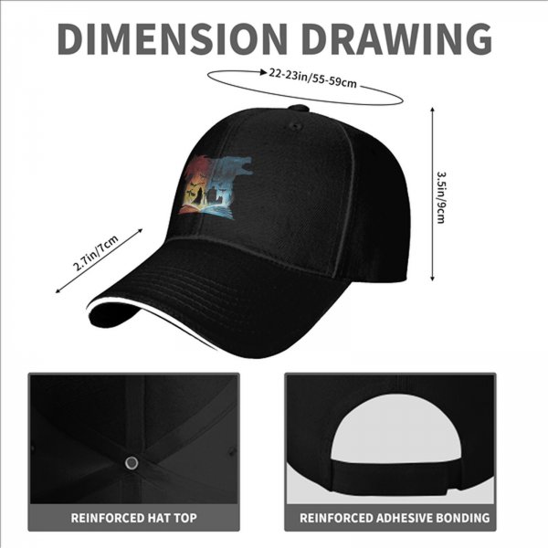 Black baseball cap with fantasy dragon and wolf open book graphic