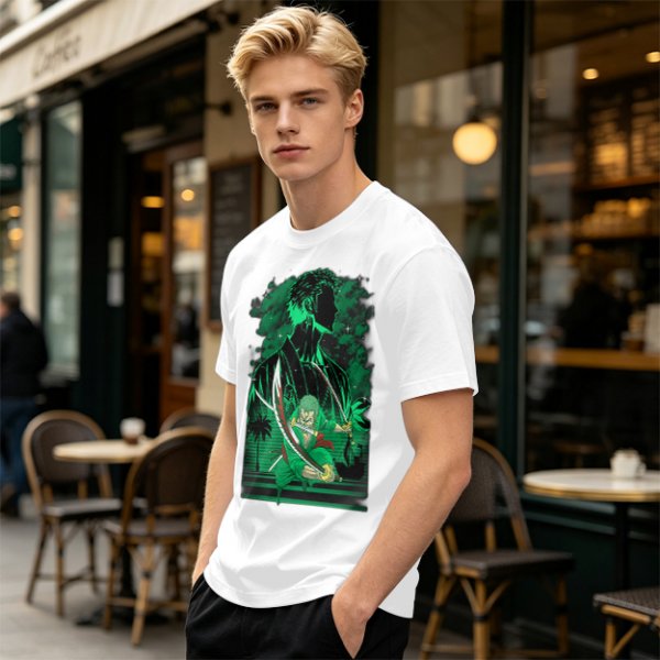 Olive Green Anime T-Shirt With Swordsman Character Artwork