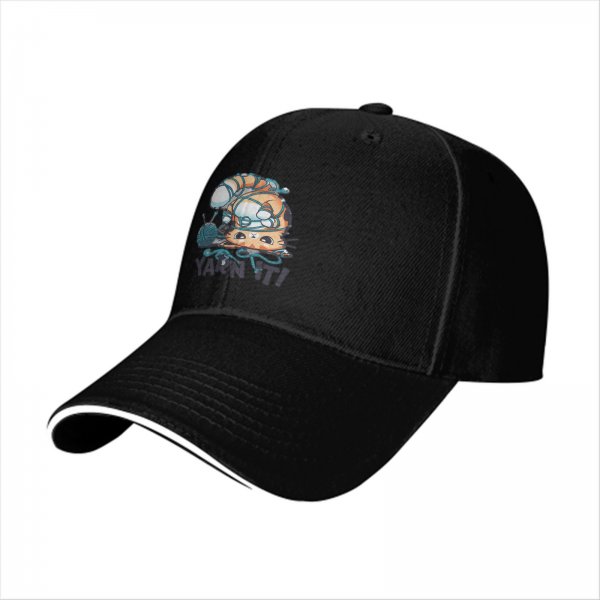 Black baseball cap with tangled orange cat and yarn it graphic