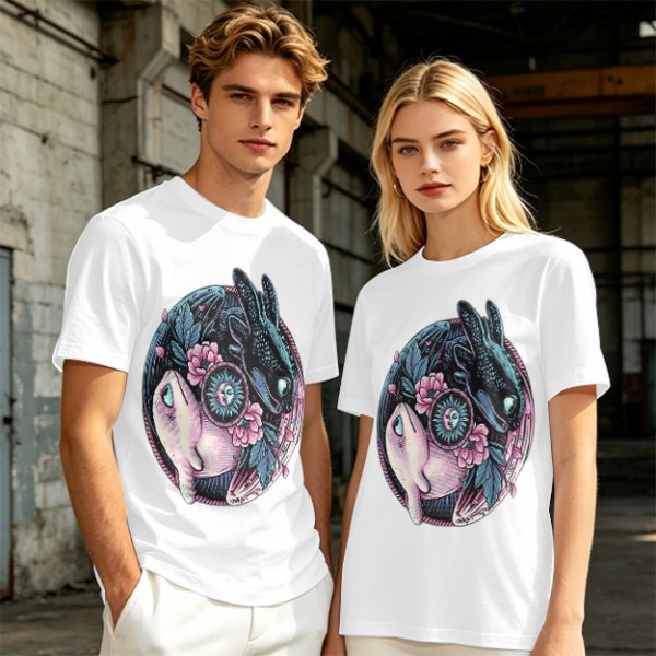Olive T-Shirt with Yin Yang Dragon Floral Sun Moon Art