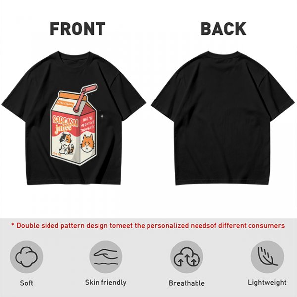 Olive green t-shirt with sarcasm juice carton and grumpy cat print