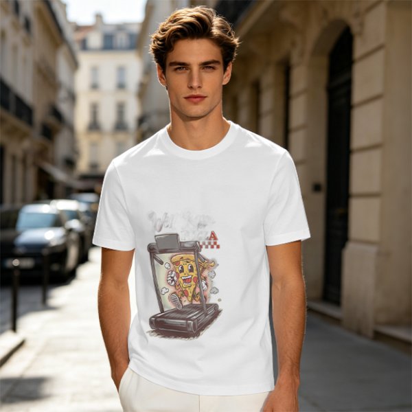 Olive T-shirt with cartoon pizza running on treadmill graphic