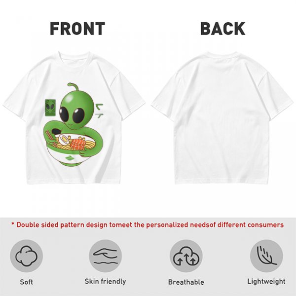 Olive Green T-Shirt With Cute Alien Eating Ramen Graphic