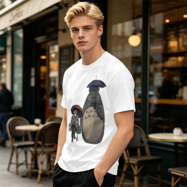Olive T-shirt with Totoro and masked figure under umbrellas print