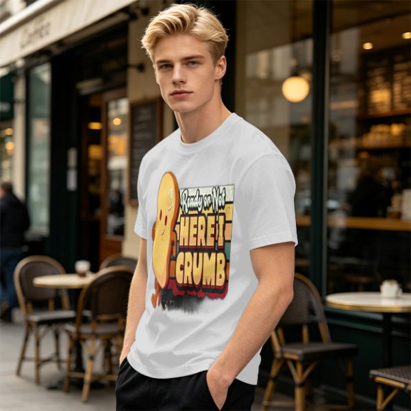 Olive graphic tee with playful bread character and 'Ready or Not Here I Crumb' text