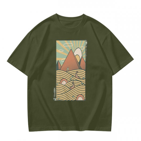 Olive T-Shirt With Retro Mountain And Ramen Noodle Landscape Print