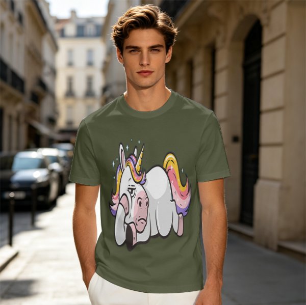 Olive T-shirt with Bored Unicorn Graphic Print