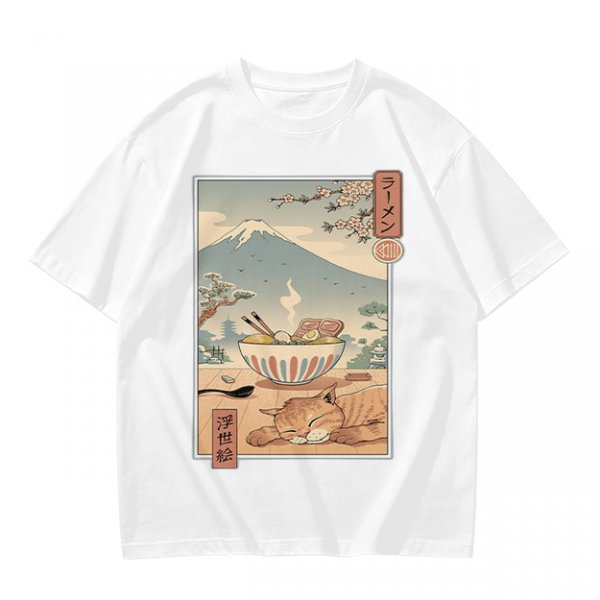 Olive t-shirt with ukiyo-e style ramen cat and Mount Fuji print