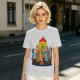 Olive green t-shirt with cartoon dogs playing poker under a hanging lamp