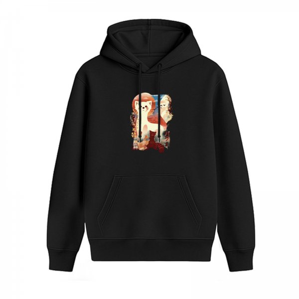 Black hoodie with artistic red panda and animal graphic print