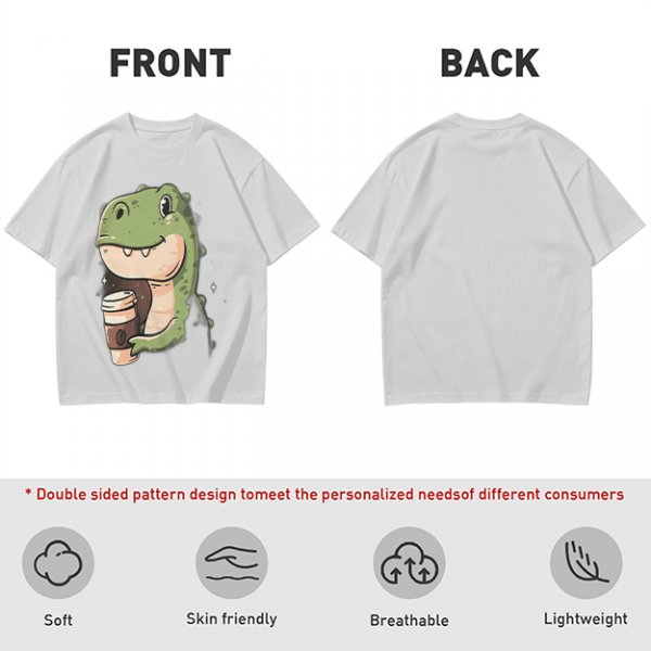Olive T-shirt with Cute Dinosaur Holding Coffee Print
