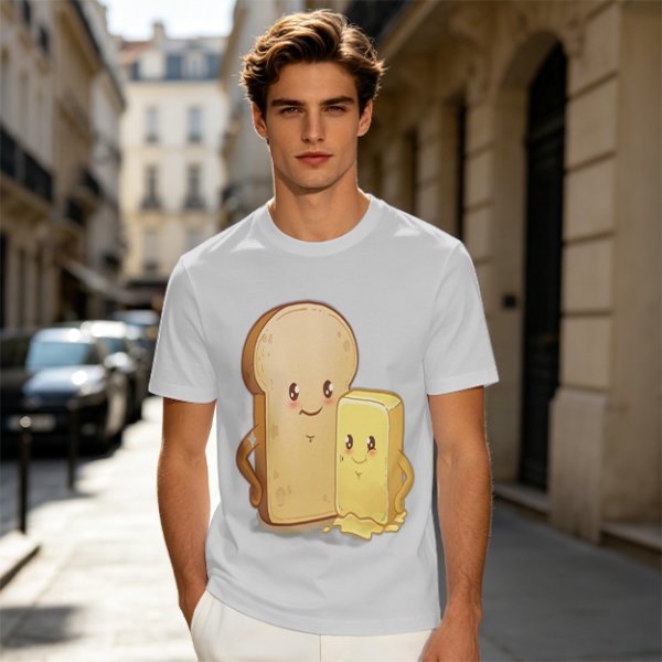 Olive T-Shirt With Cute Cartoon Bread And Butter Graphic