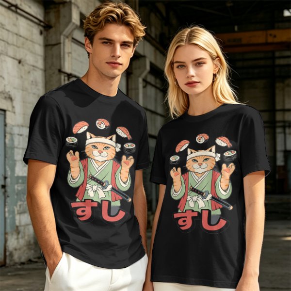 Olive T-Shirt With Cat Sushi Chef Juggling Sushi Print