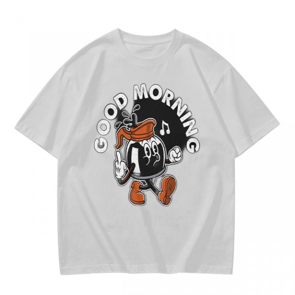 Olive t-shirt with retro coffee pot cartoon and Good Morning text