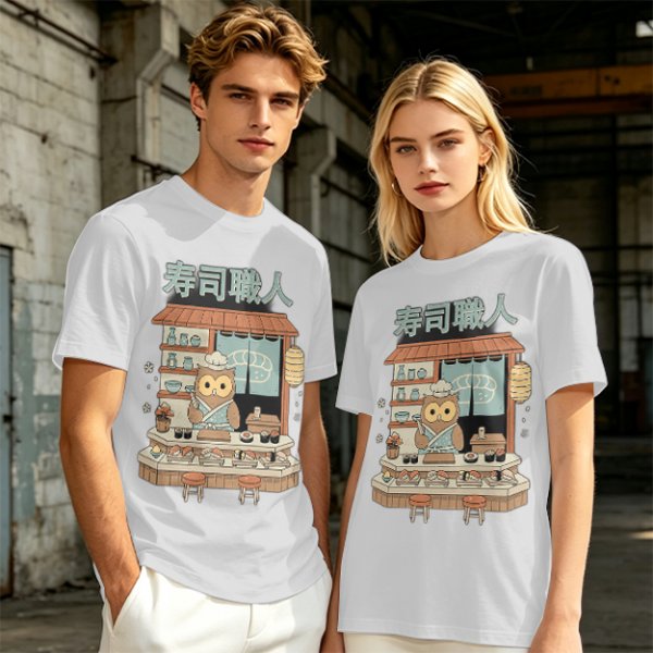Owl sushi chef at Japanese sushi shop graphic t-shirt
