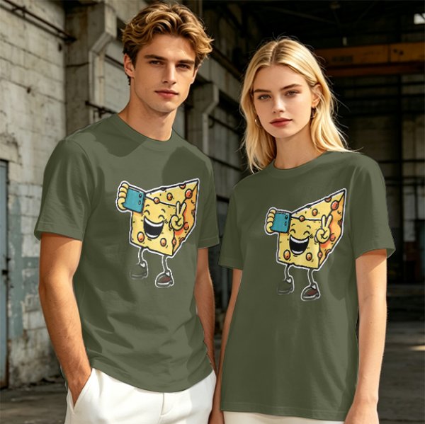 Olive T-shirt with a cartoon cheese taking a selfie and making a peace sign