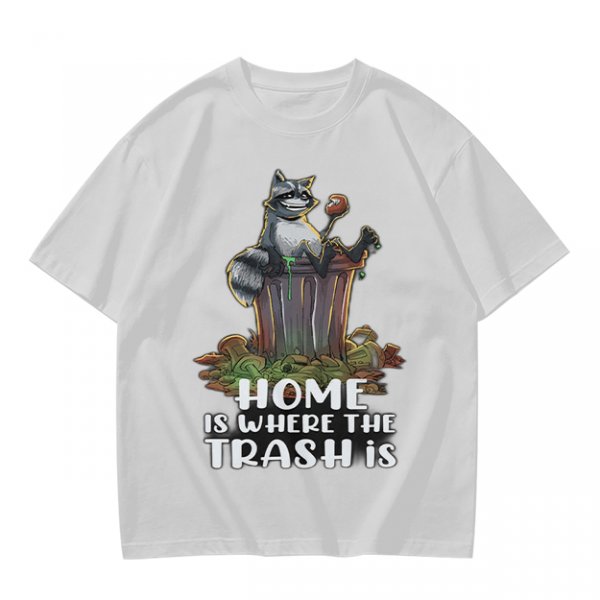 Olive t-shirt with raccoon in trash can and funny home quote