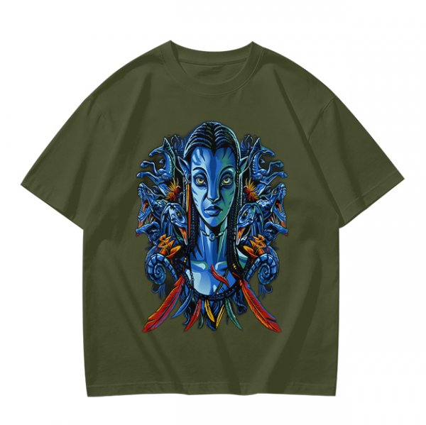 Olive T-Shirt with Na'vi Character and Pandora Creatures Artwork